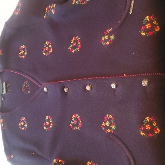 Geiger Austria Sz. 40 M L Embroidered Art 100% Boiled Navy Blue Wool Cardigan - Picture 9 of 12